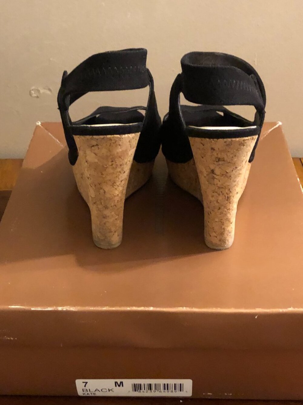 Audrey Brooke Kate Black Cork Wedge Sandals Peep Toe 7M - Picture 5 of 8
